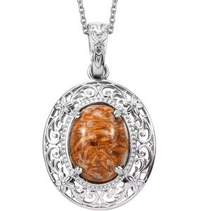 Script Stone Pendant in Platinum Over Copper and Stainless Steel Chain